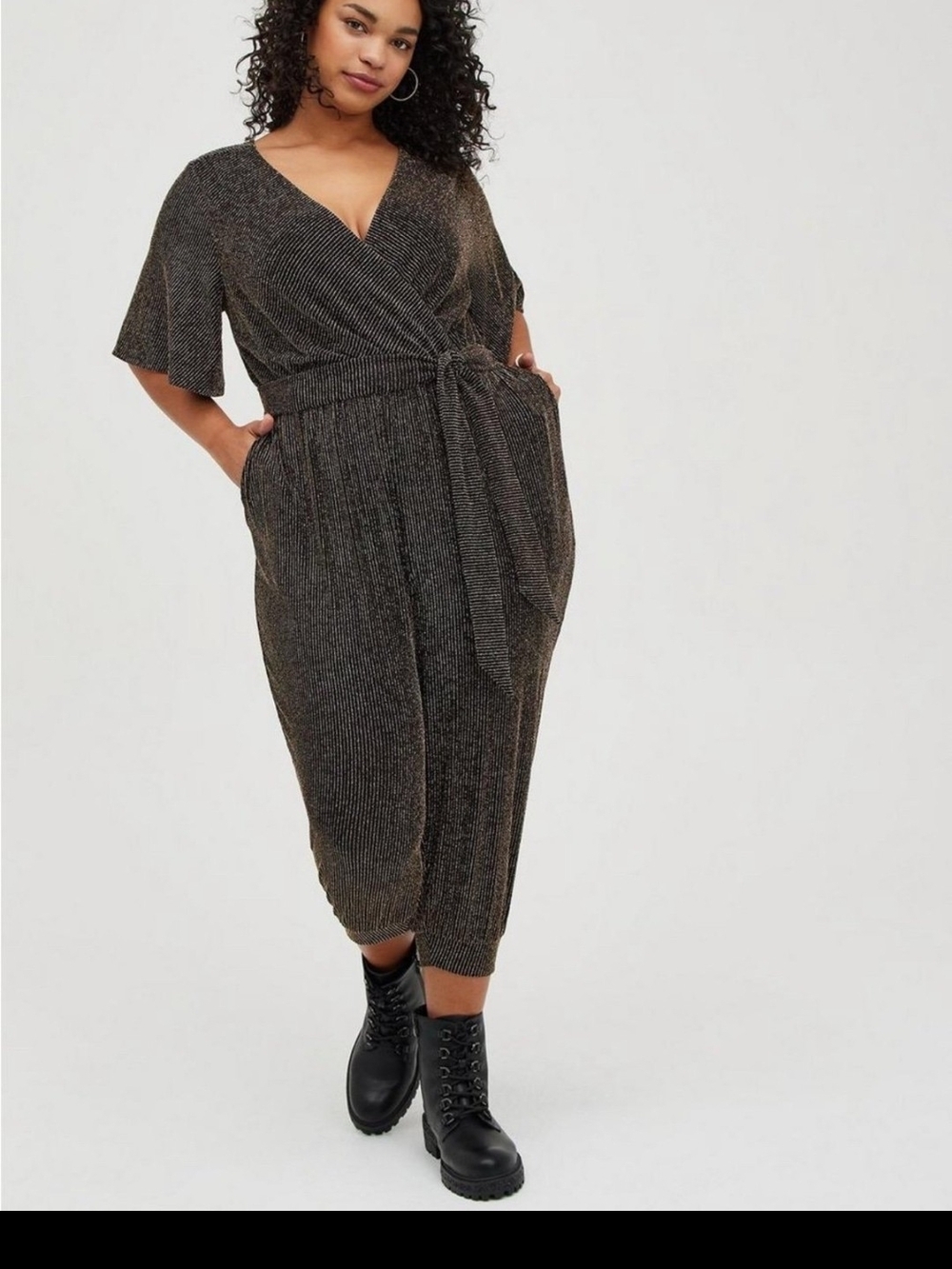 torrid Black Metallic Wrap Jumpsuit with Tie Waist Size 1